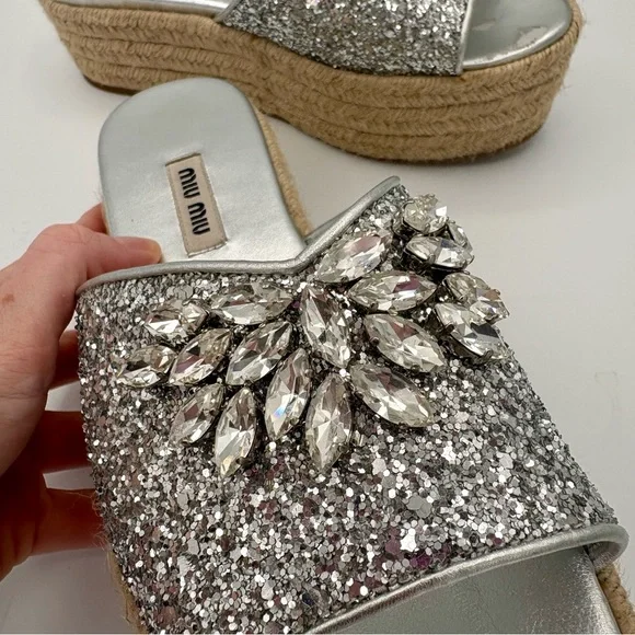 Miu Miu Women's Crystal-Embellished Glitter Platform Sandals Size 36 US Size 6 - Picture 6 of 8